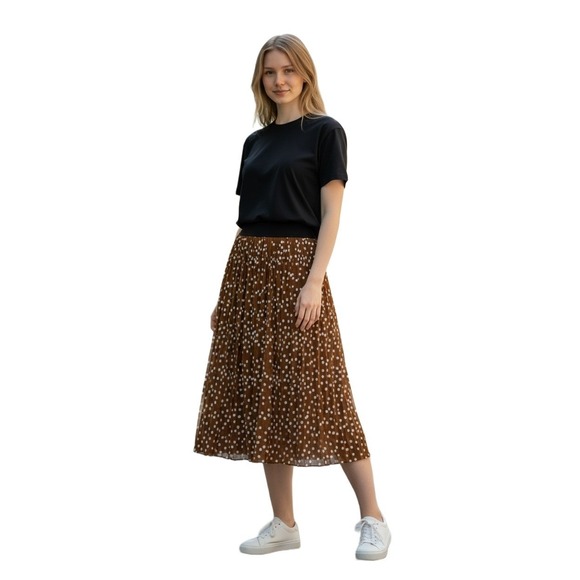Pleated Polka Dot Midi Skirt Brown Elastic Waist Minimalist Coastal Grandma L - Picture 2 of 7
